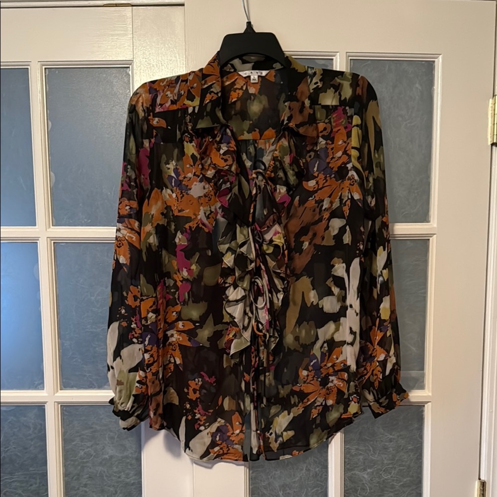 CAbi Graphic Blouse with Notched Collar and 3/4 Cuffed Sleeves - Picture 1 of 6
